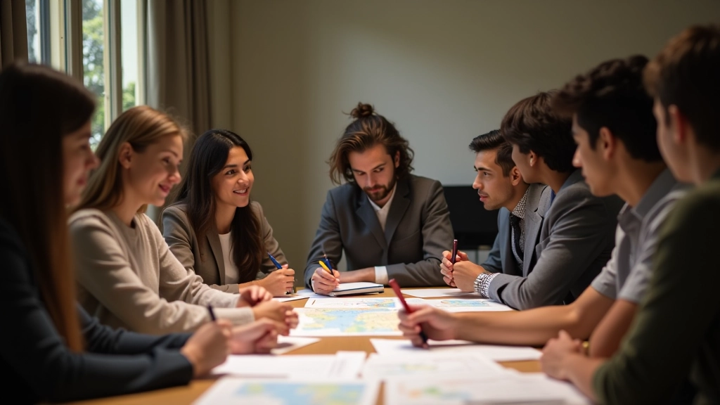 Studenti in classe che discutono intorno a tavolo con documenti e mappe culturali, illuminazione naturale