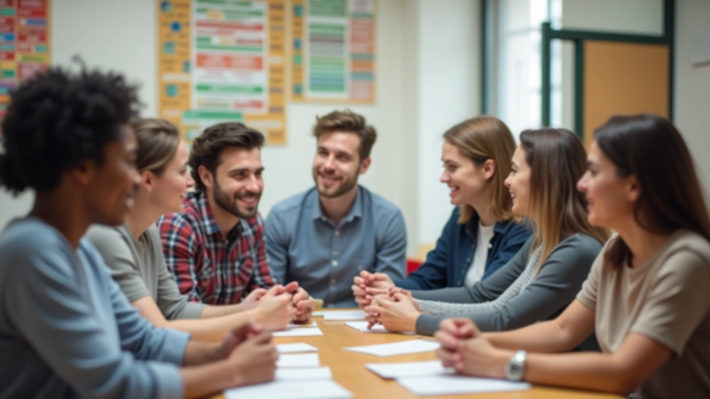 Gruppo di persone diverse in ambiente culturale internazionale con decorazioni tradizionali