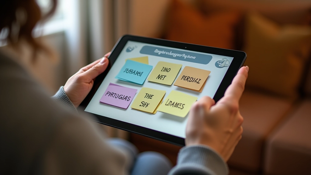 Flashcard digitali per l'apprendimento del portoghese con parole comuni visualizzate su uno schermo di tablet