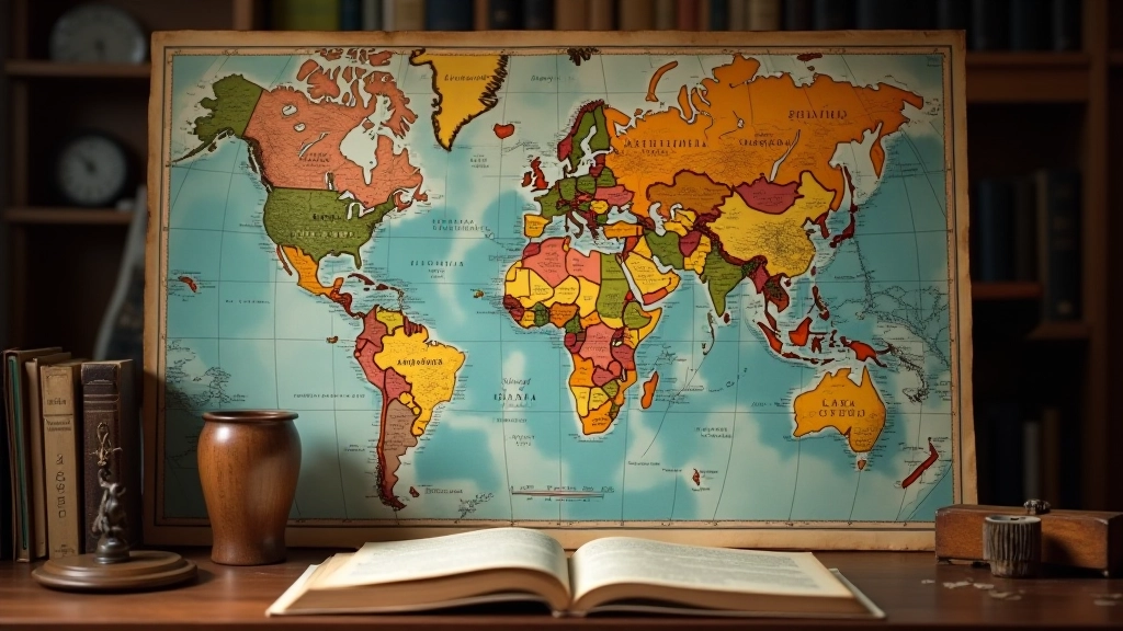 Mappa storica dei paesi lusofoni con bandiere e artefatti culturali, illuminazione archivistica