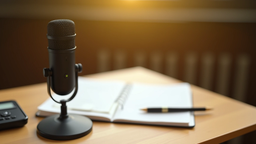 Microfono e registratore vocale su tavolo di studio per lezioni di pronuncia portoghese