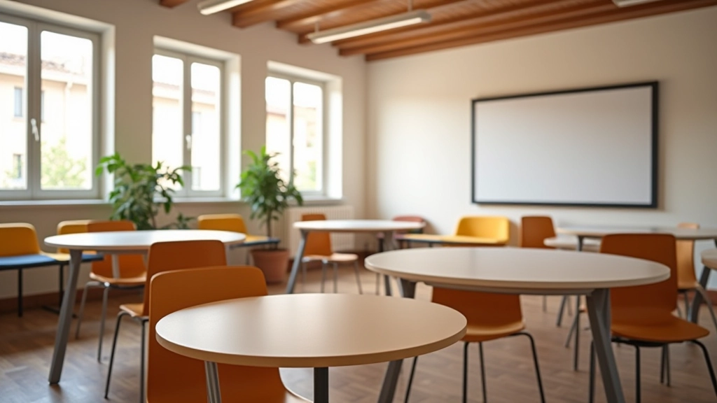 Aula principale della scuola di portoghese con tavoli collaborativi