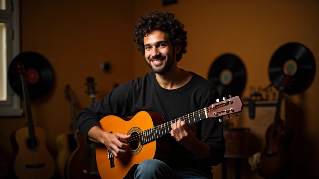 Musicista con chitarra brasiliana in studio con dischi vinili e strumenti tradizionali sullo sfondo