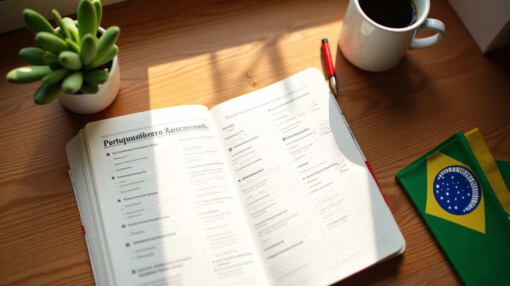 Notebook con note di portoghese brasiliano e bandiera brasiliana su scrivania soleggiata