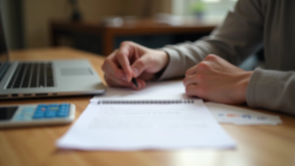 Mani che scrivono su carta bianca con penna in scrivania pulita con laptop aperto sullo sfondo