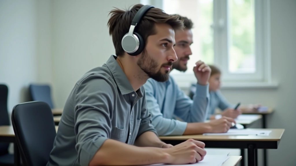 Candidato durante sessione di esame CELPE-Bras in aula d'esame professionale con computer e cuffie