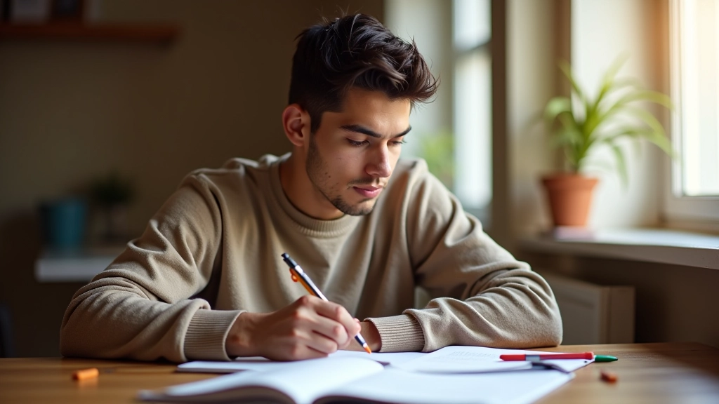 Studente principiante che studia portoghese da un libro di testo con evidenziatori colorati e appunti scritti a mano