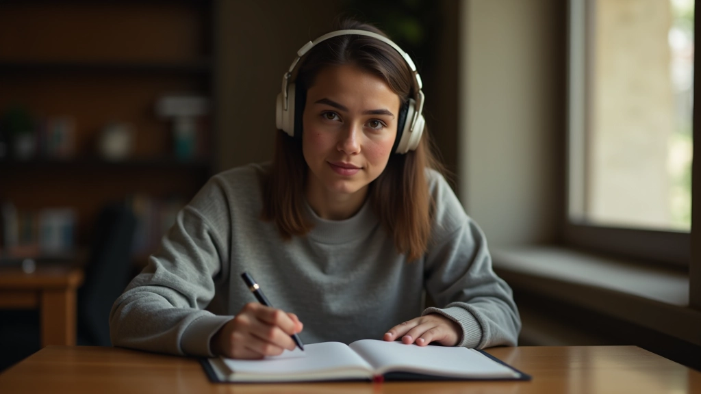 Persona che ascolta con cuffie in ambiente tranquillo durante sessione di ascolto con quaderno aperto