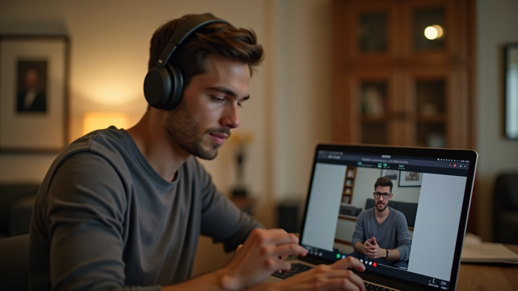 Lezione online di portoghese con studente che guarda uno schermo con insegnante nativo che parla, videocamera aperta, microfono visibile